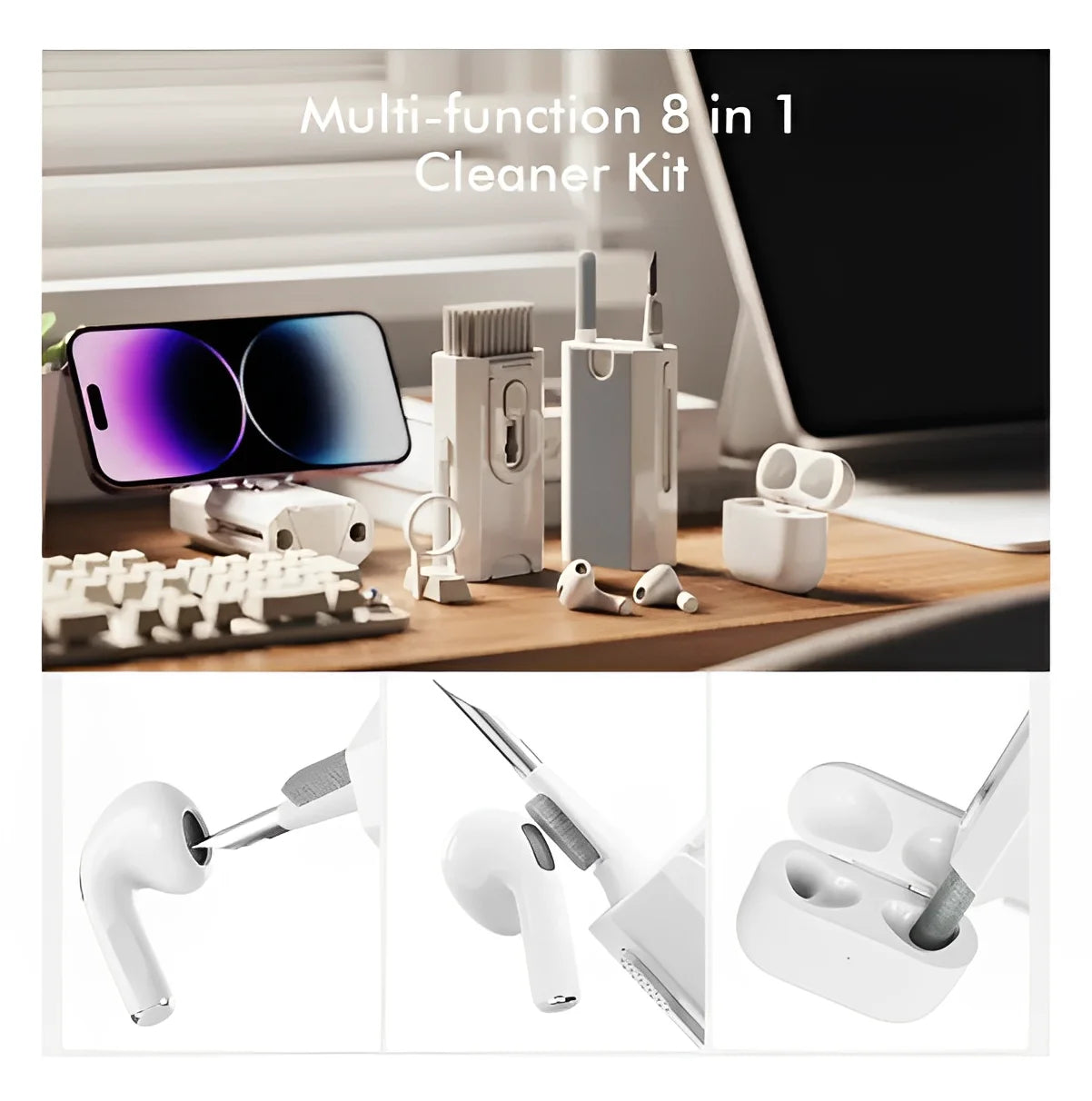 Kit Limpeza de Eletrônicos 8 em 1 - Para Teclados, Computadores, Fones de Ouvido e Dispositivos Eletrônicos.